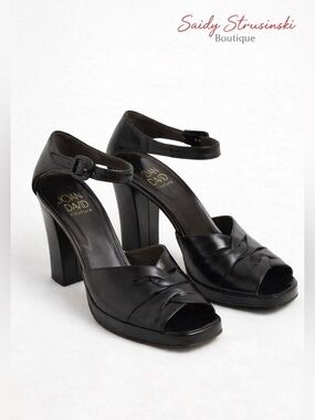 Joan & David Couture Black Leather Heels Ankle Strap Platform Sandals Size 7.5